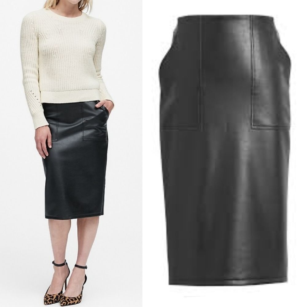 Banana Republic 2018 Black Vegan Leather High Waist Skirt SZ 12 Midi Pencil